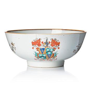 1072. A famille rose and grisaille armorial punch bowl, Qing dynasty, 18th century.