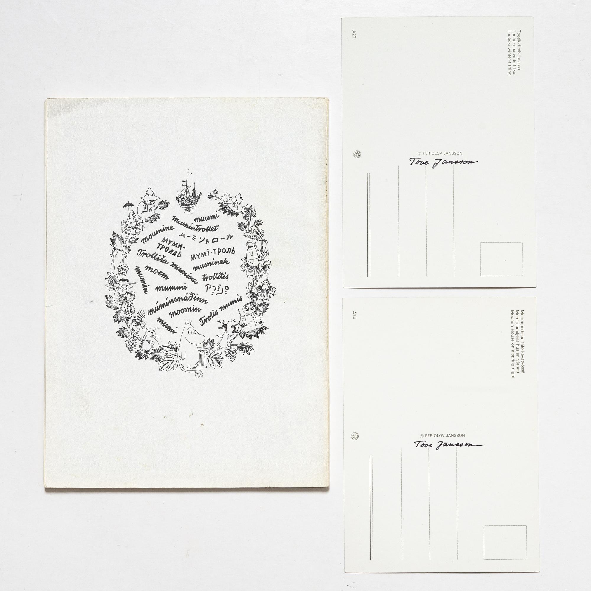 Tove Jansson, book, 'Muumi Hvitträskissä Mumintrollet i Hvitträsk 1974' signed, along with two signed postcards.