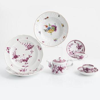 Three plates and two cups with saucers, Meissen, 18th-19th century, and a tea pot with Meissen-like mark.