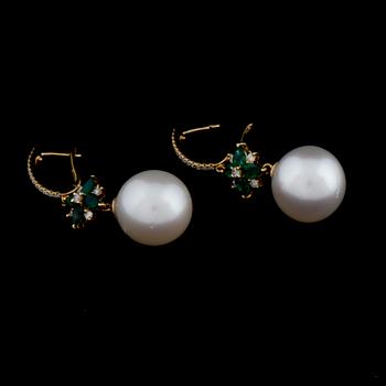 A pair of cultured pearl, emerald and brilliant cut diamond earrings.