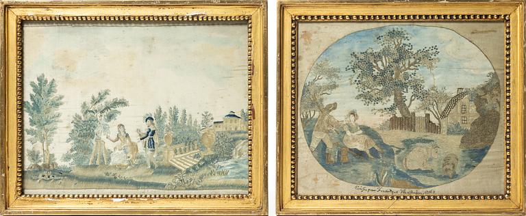 Side embroideries, 2 pcs, of which one is signed, Empire, early 19th century.