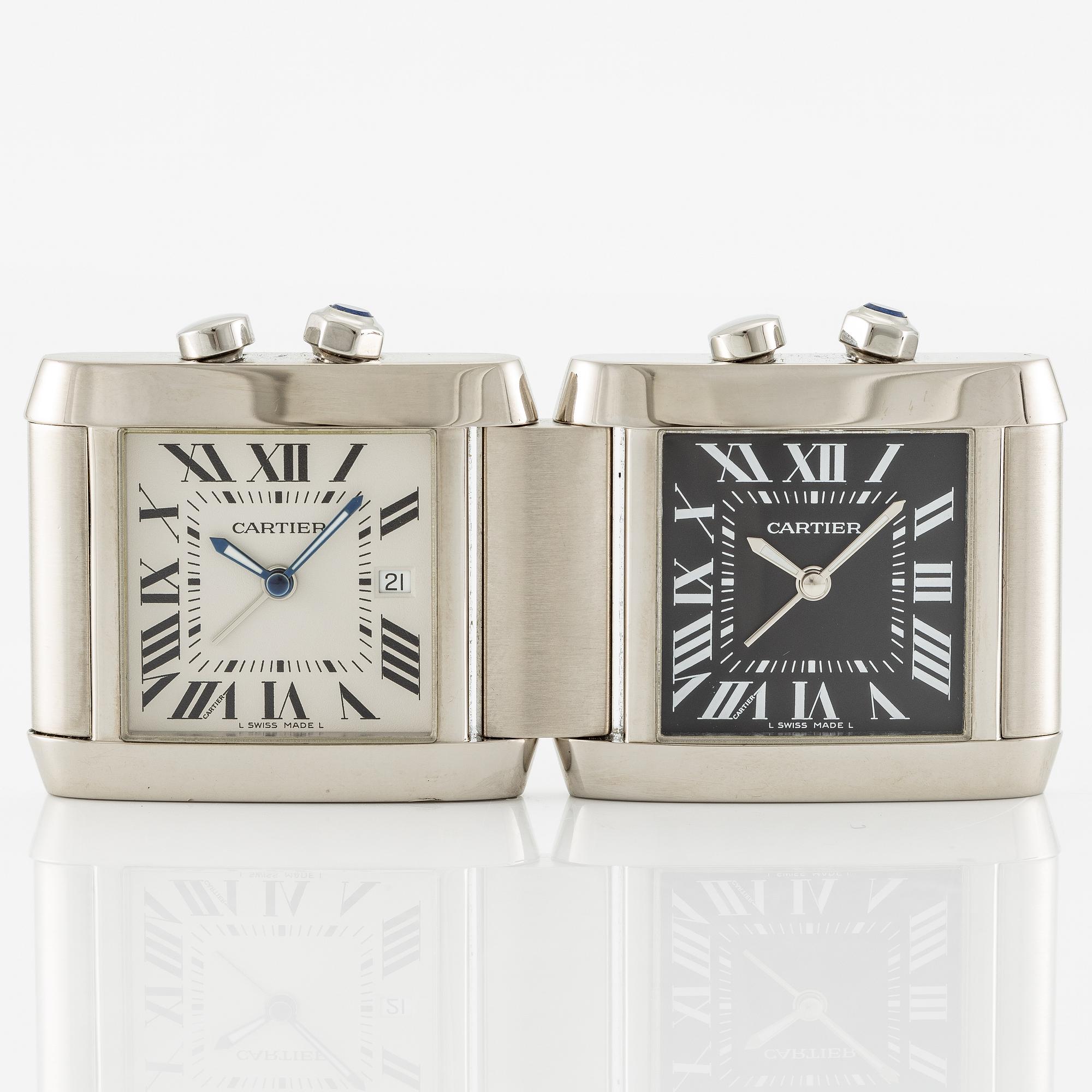 Cartier, Tank Francaise, Dual-Time, desk watch/travel watch, 35 x 41 (82) mm.