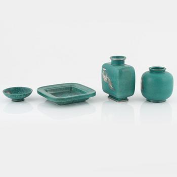 Wilhelm Kåge, vaser 2 st, skål och askfat, "Argenta", Gustavsberg.