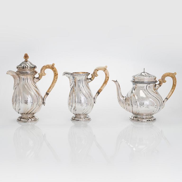 A silver tea and coffee service with tray, totally 6 pieces, Czechoslovakia 1929-1941.