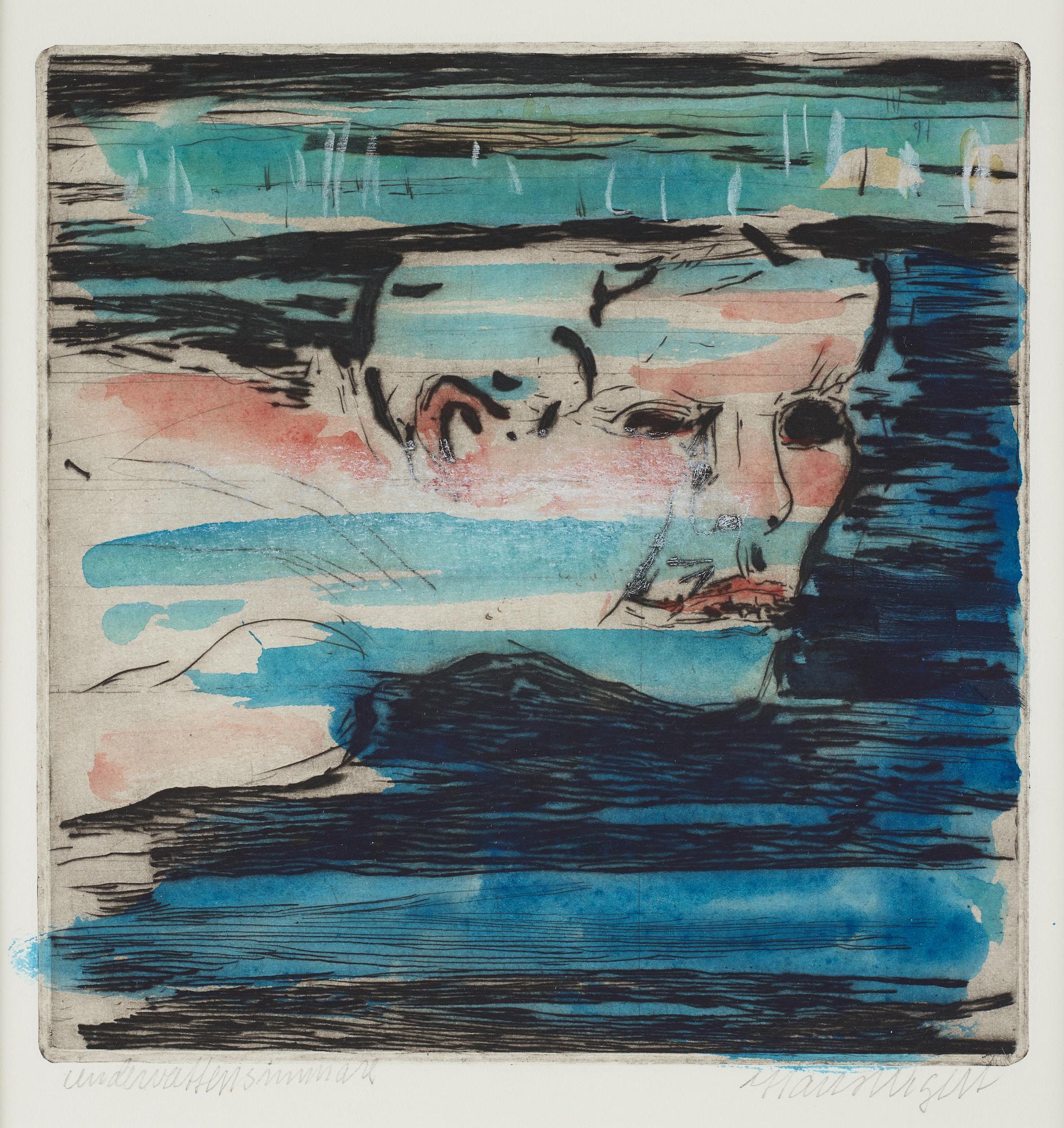 Hans Wigert, etching with watercolour, signed.