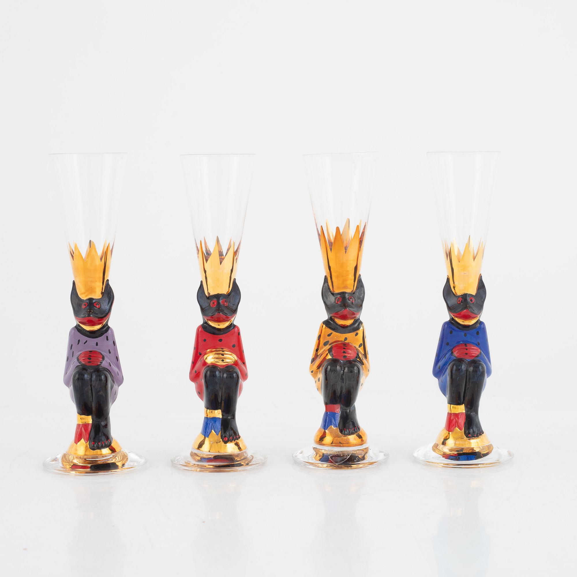 Gunnar Cyrén, carafe and 13 schnapps glasses from the Nobel Service, Orrefors, late 20th century.