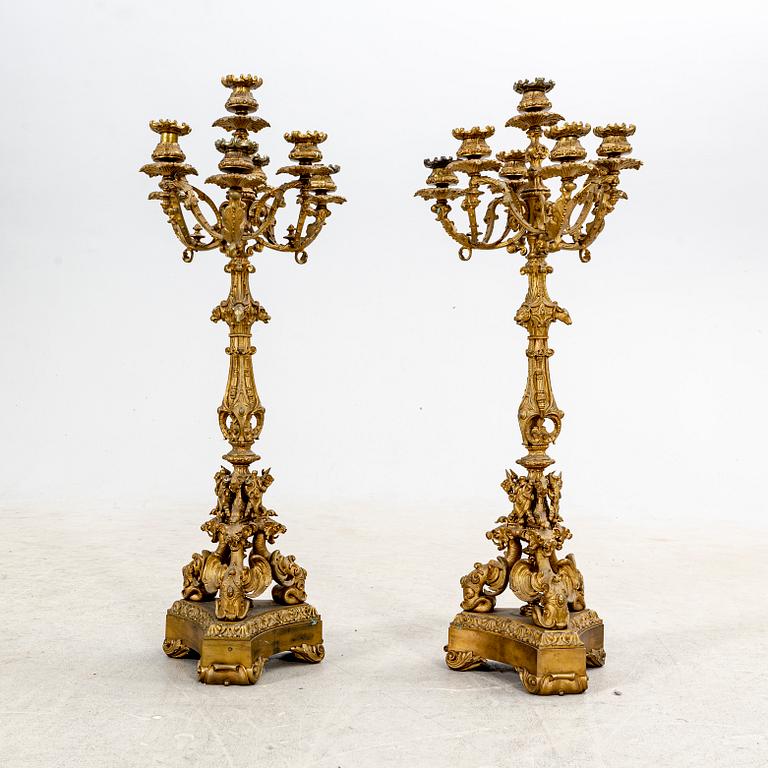 A pair of late 19th century metal candelabras.