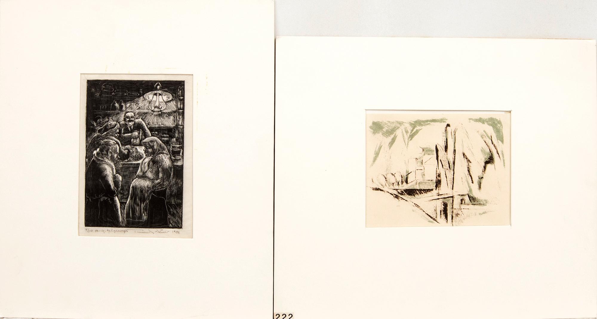 Tuulikki Pietilä, color lithograph and wood engraving, signed, dated, and numbered 1946 4/10 and 1955 4/7.