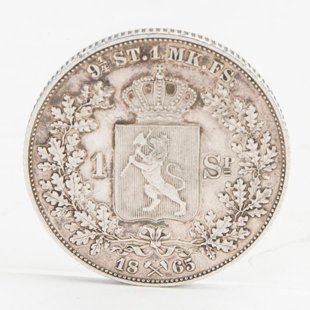 Mynt silver Norge, 1 Speciedaler, 1865, Karl XV kung av Norge och Sverige.
