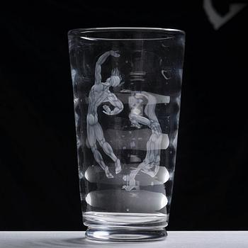 Vicke Lindstrand, an engraved "Pearl fisher" glass vase, Orrefors, Sweden 1956.