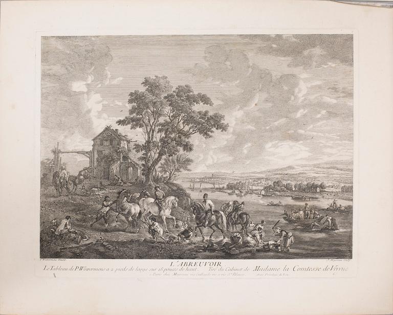 PHILIPS WOUWERMAN, after, six unframed coppar engravings, 18th century.