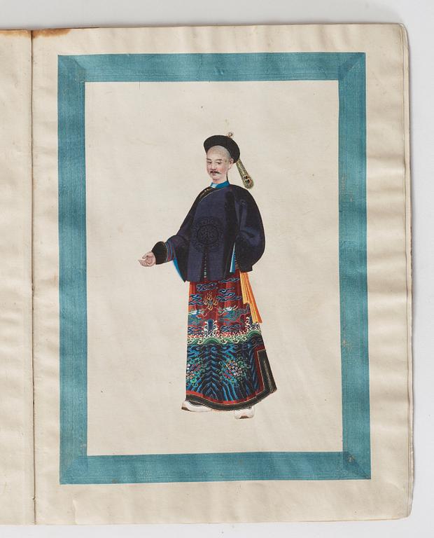 A Sunqua album of 10 export gouaches on paper, portraying the Chinese court, Qing dynasty, late 19th Century.