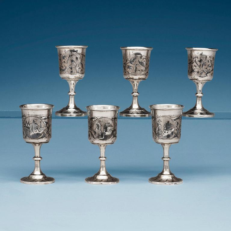 A set of six (3+3) Russian 19th century parcel-gilt and niello cups, unidentified makers mark, Moscow.