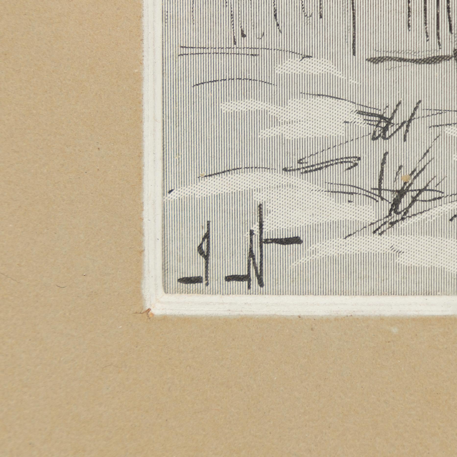 Jenny Nyström, Flicka med blommor, skrapkartong och tusch, monogramsignerad.