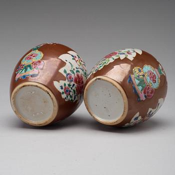 A pair of famille rose and cappuciner brown jars, Qing dynasty, Qianlong (1736-95).