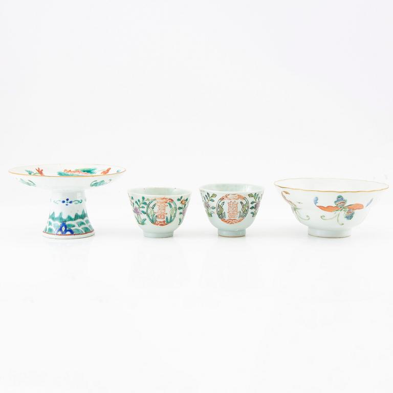 A Chinese stemcup, a bowl and two cups, late Qing dynasty/early 20th century.