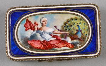 DOSA SAMT SALTKAR, silver och emalj resp mässing och emalj, troligen Frankrike och 1800-tal.