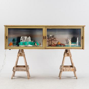 Richard Johansson, object/installation in a wooden cupboard, drawing, painting and mixed media, signed.