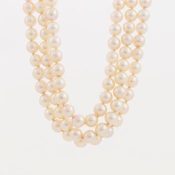 A three strand cultured pearl necklace.