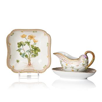 471. A Royal Copenhagen 'Flora Danica' sauce boat and a pillow shaped bowl, Denmark, 20th century.