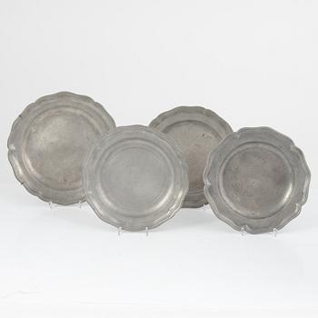 Four pewter plates, 18th-19th century.