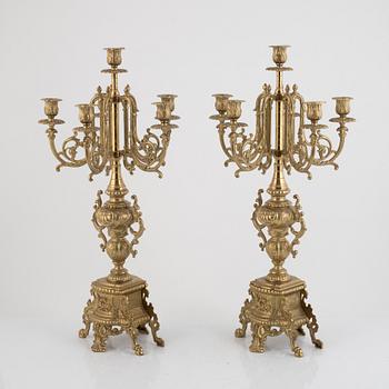 Table garniture, mantel clock, and two candelabras, Louis XV style, Lancini, Italy, second half of the 20th century.