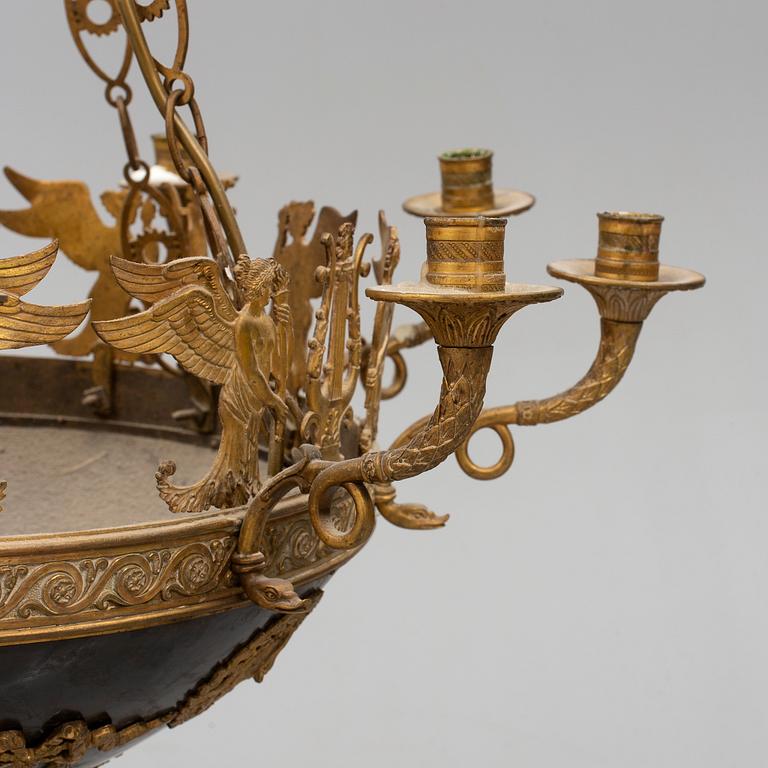 An Empire-style ten-light hanging lamp, late 19th century.