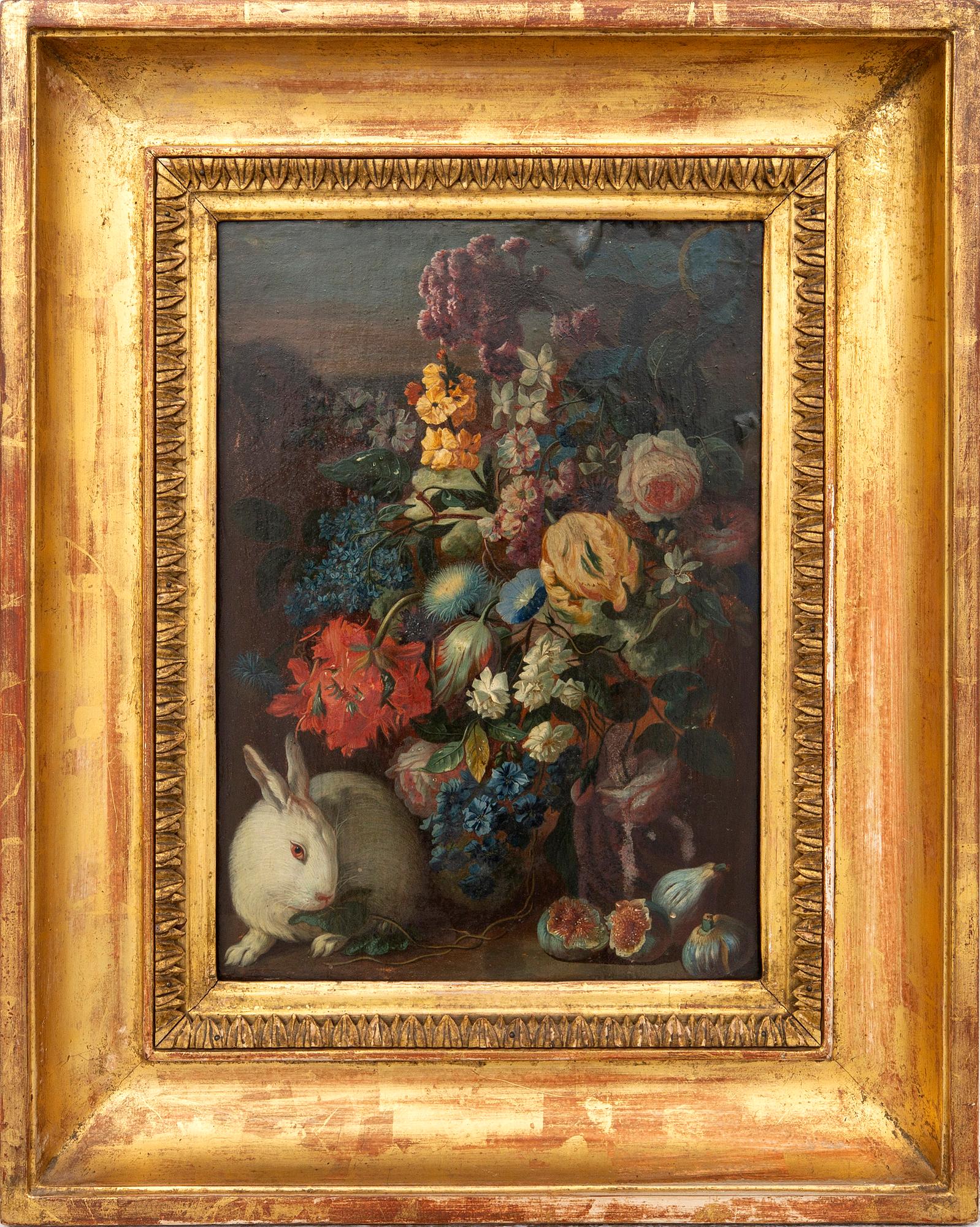 Franz Werner Tamm (1658-1724), his circle, still life with flowers and a white rabbit.