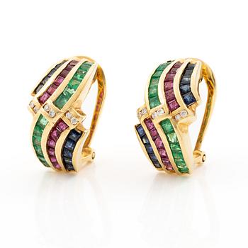 Earrings, a pair, 18K gold set with brilliant-cut diamonds, emeralds, rubies and sapphires.