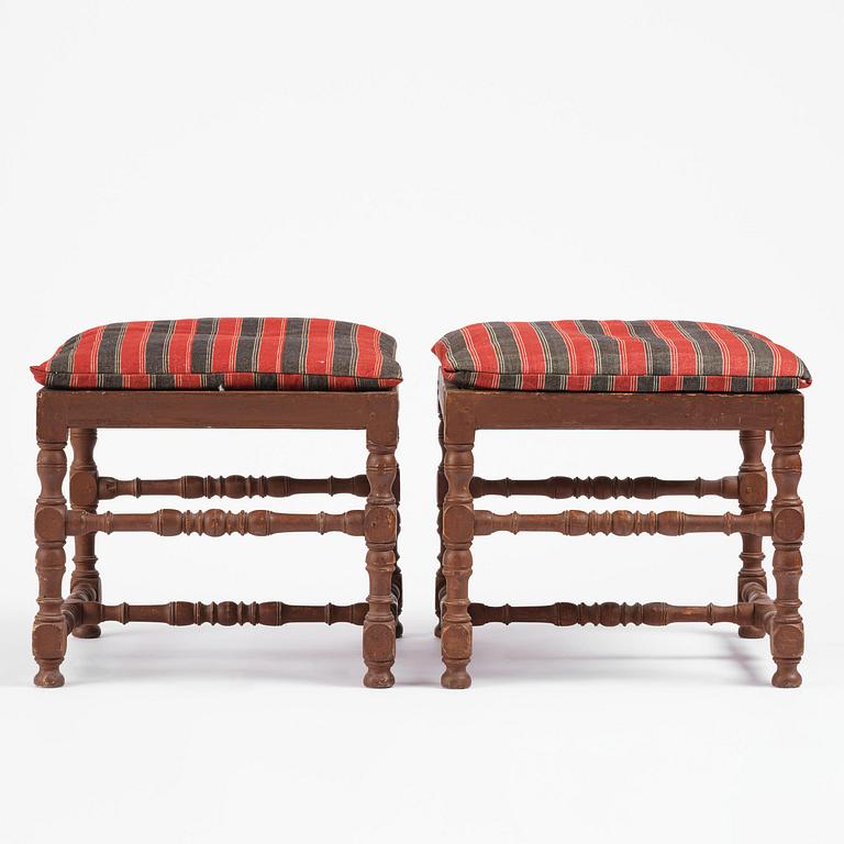 A pair of Swedish baroque stools, circa 1700.