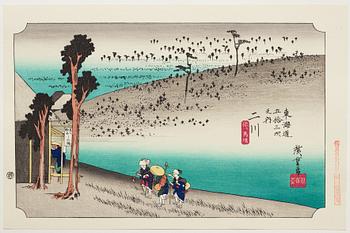 ANDO HIROSHIGE, senare avdrag, mapp, "The fifty-three stations on the tokaido", utgiven av Kata Hanga Kenkyujo.