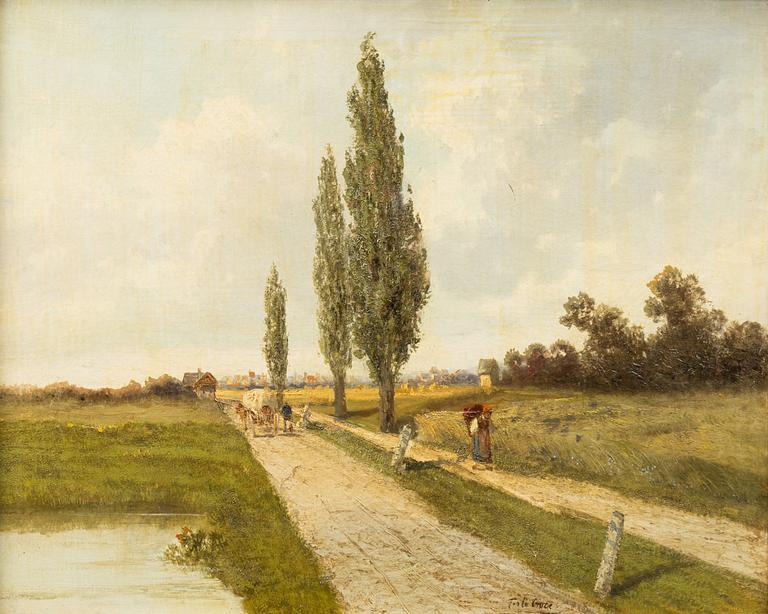 Unknown artist, 19th century, Country road with figures and poplars.