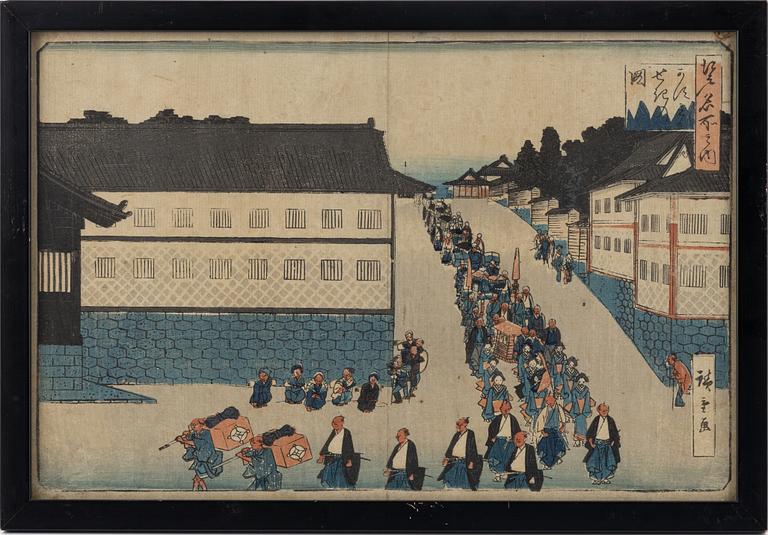 Ando Utagawa Hiroshige, efter, färgträsnitt, 3 st, Japan, tidigt 1900-tal.