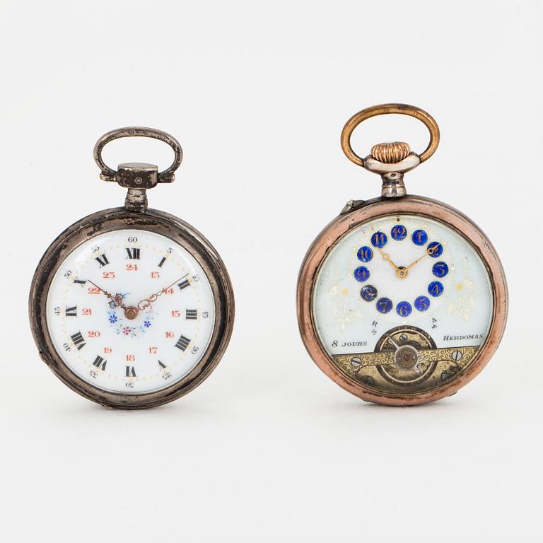 TWO POCKET WATCHES WITH STANDS.
