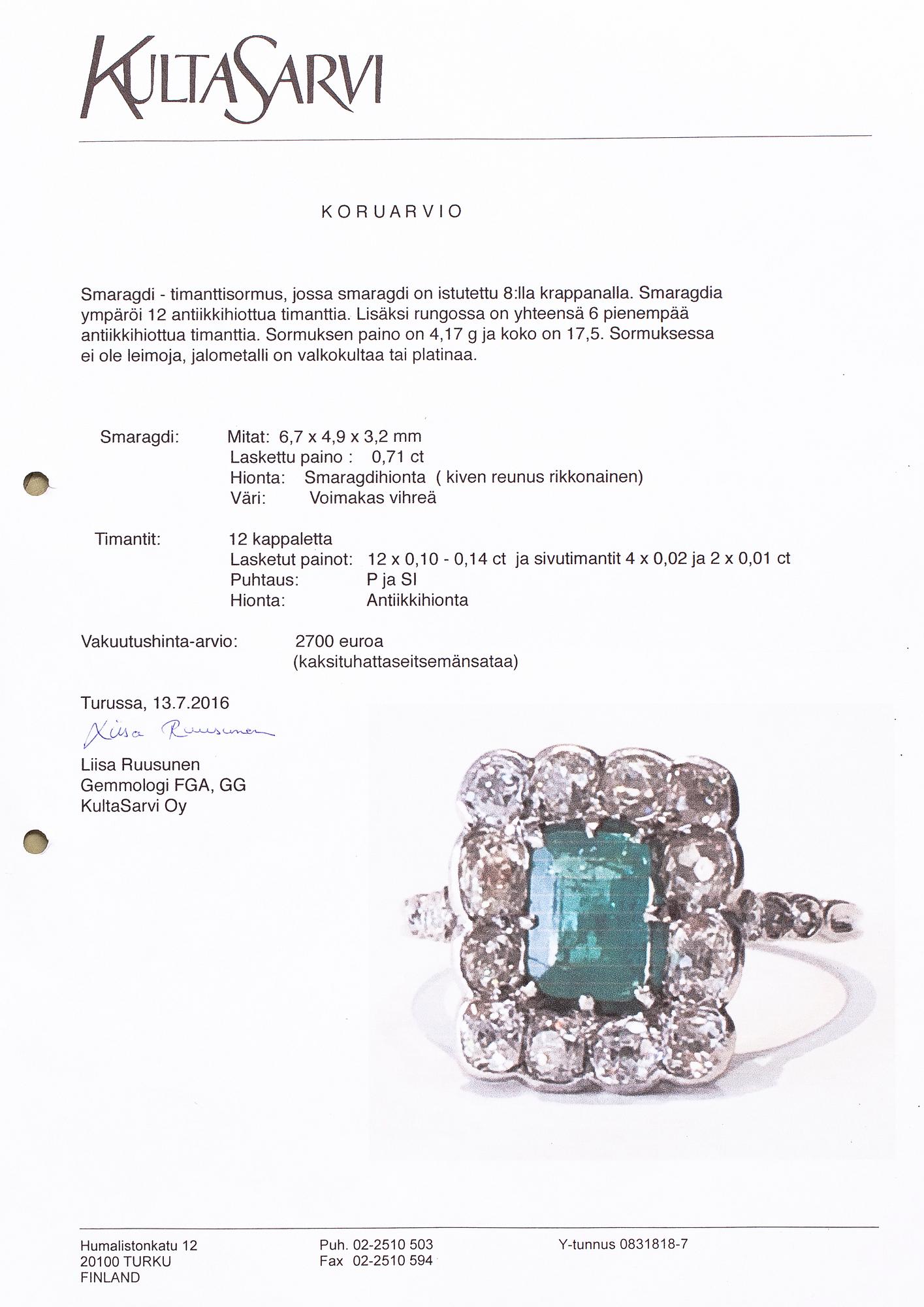 A platinum ring with an emerald ca 0.71 ct and old cut diamonds ca 1.66 ct in total.