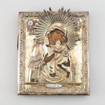 A Russian silver-gilt icon, "Virgin of Tolga", unidentified makers mark, Moscow 1835.