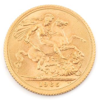 Guldmynt, Storbritannien, Elizabeth II, 1 Sovereign 1965.