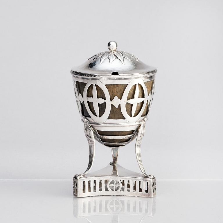 A Swedish silver Mustard Pot with lid, mark of Johan Abraham Hallard, Stockholm 1794.