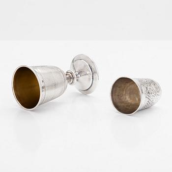 Two silver beakers from Moscow, 1874 and 1882, maker marks of Fyodor Ivanov and Alexander Egorov.