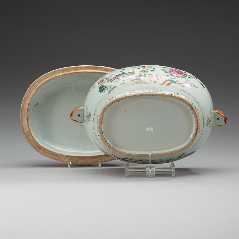 A large famille rose 'double peacock' tureen with cover and stand, Qing dynasty, Qianlong (1736-95).