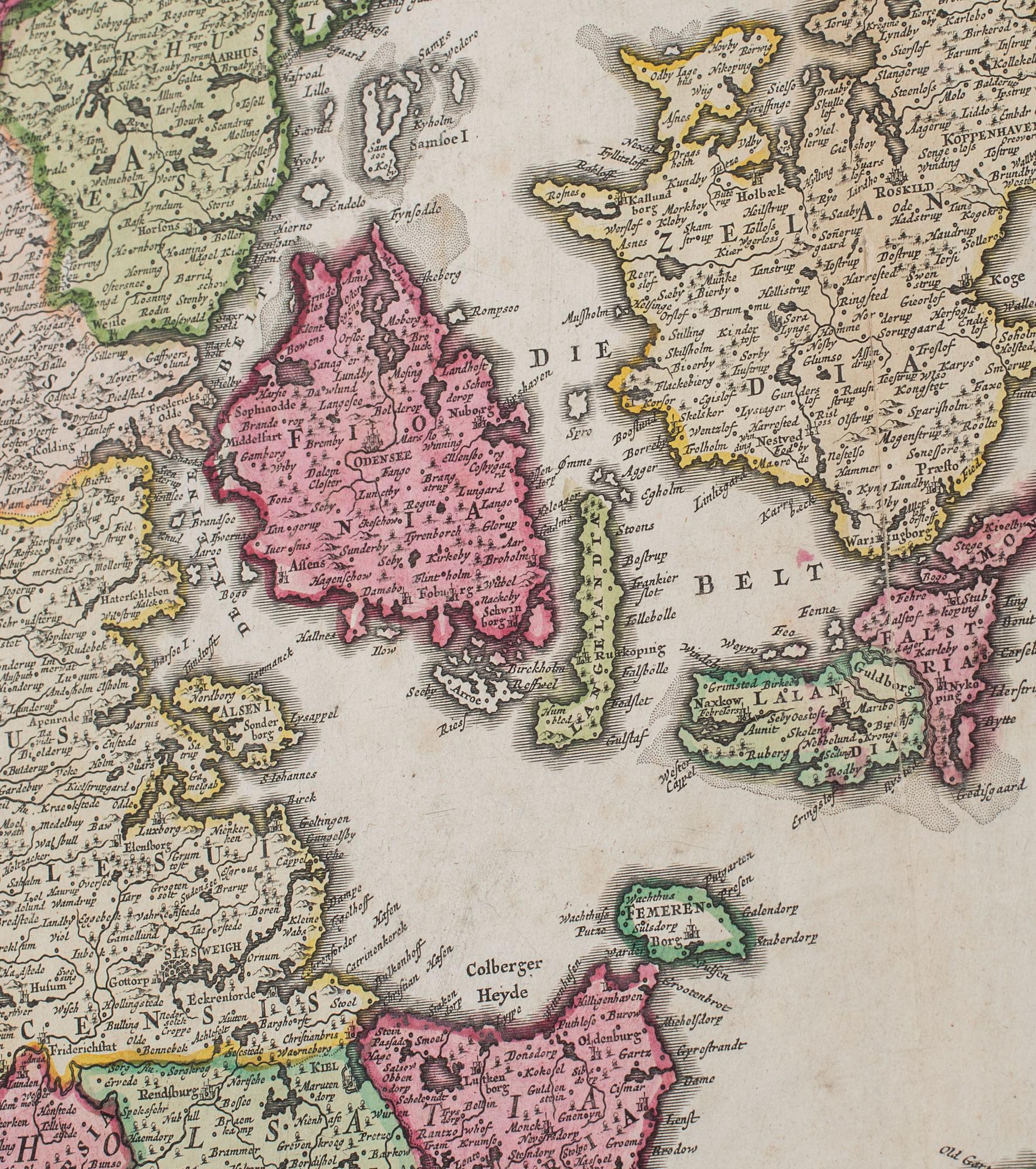 KARTA Regni Daniae, Johan Homann 1700-tal, handkolorerat kopparstick.