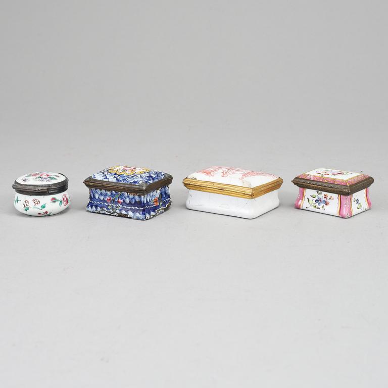 A mixed lot of four 18th century enamel snuff boxes.