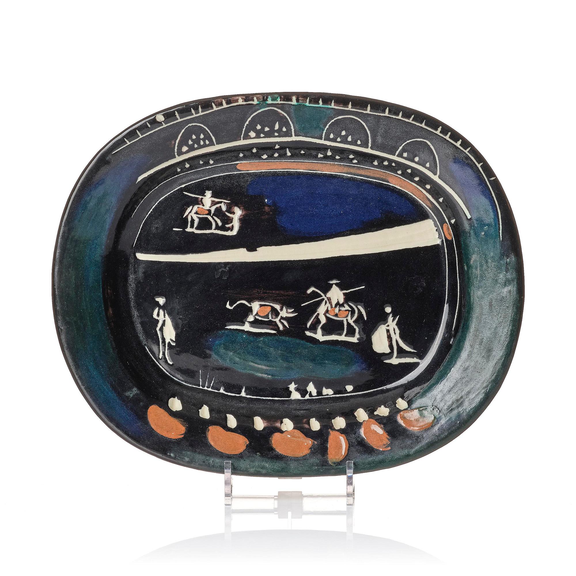 Pablo Picasso, a "Corrida verte" (A.R. 81) faience dish, Madoura, Vallauris, France, post 1949.