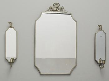 SPEGEL samt LAMPETTER, tenn, 1930/40-tal.