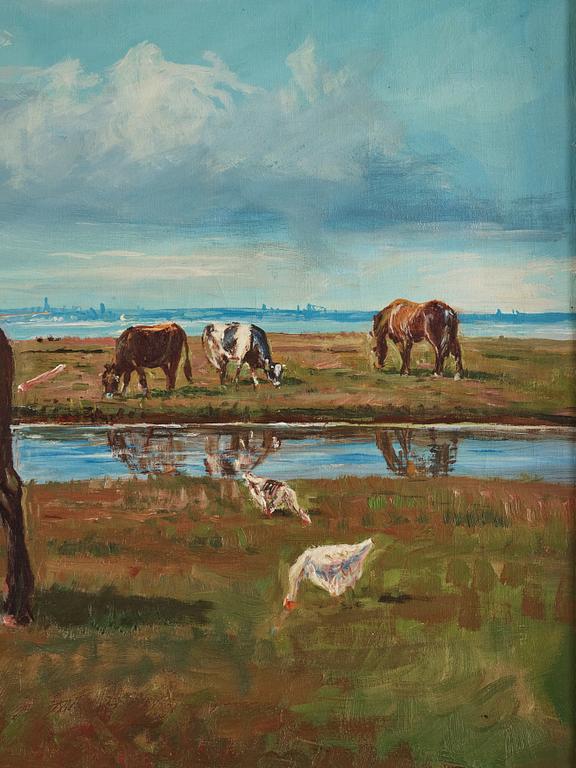 Niels Christiansen, A landscape with horses, cows and geese.