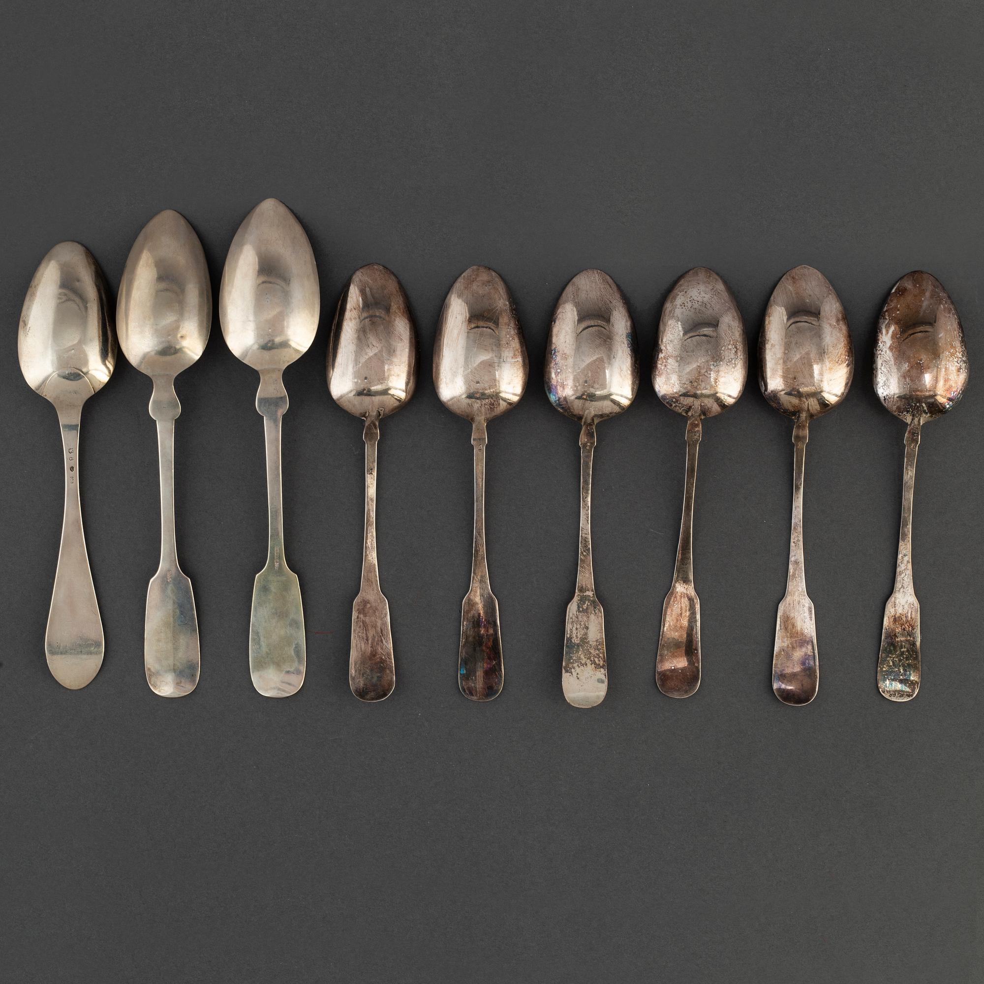 Four serving spoons and totally nine tablespoons, silver,  18th and 20th Century.