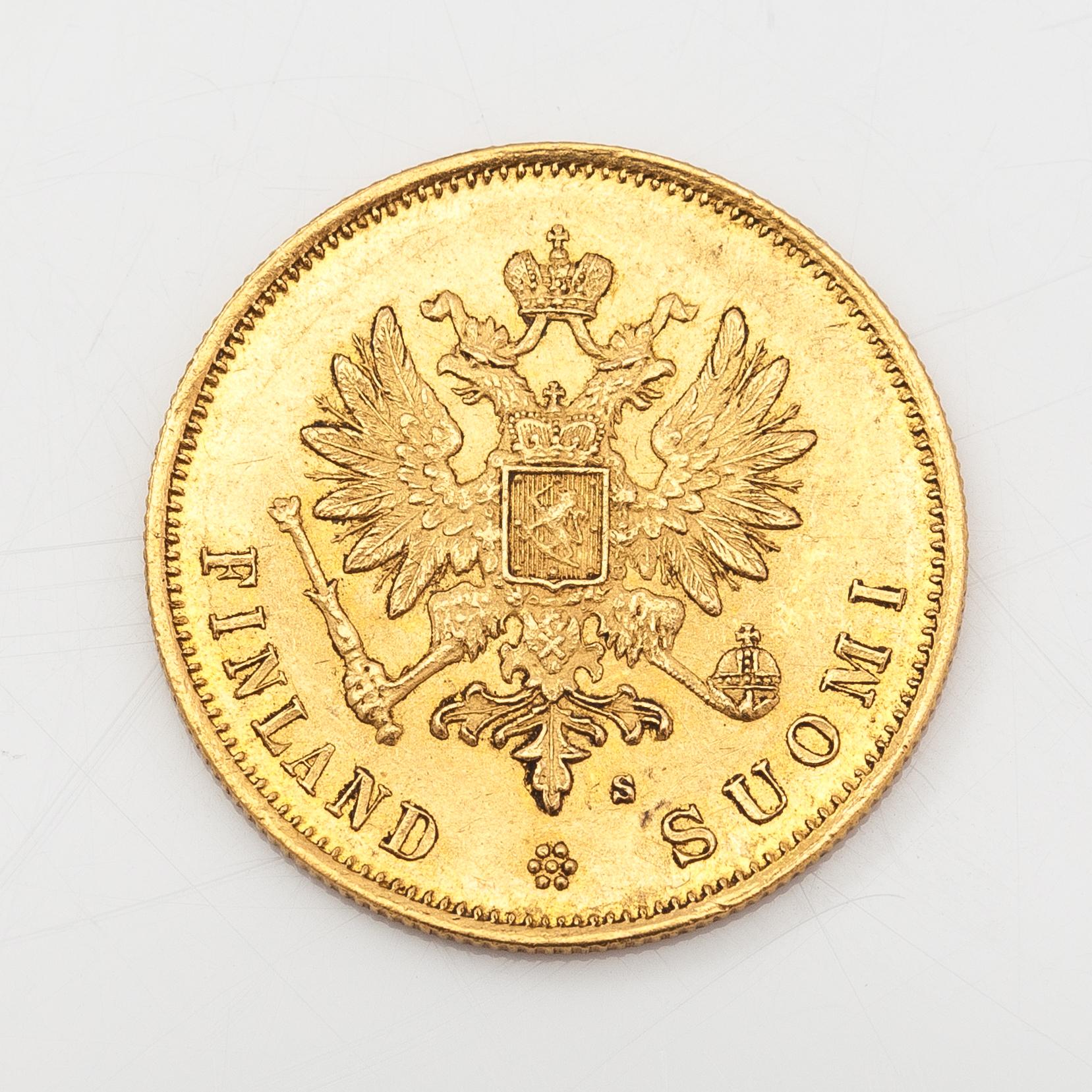 A gold coin, 10 marks, Finland 1879.