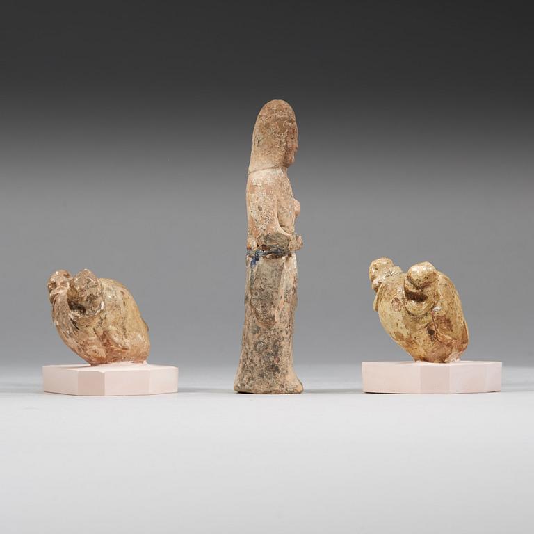 Three pottery figures of court ladies, Tang dynasty (618-907).