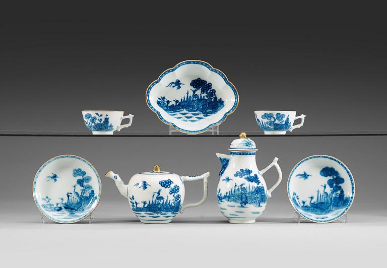 A nine piece blue and white 'European Subject' tea service, Qing Dynasty, Qianlong (1736-95).