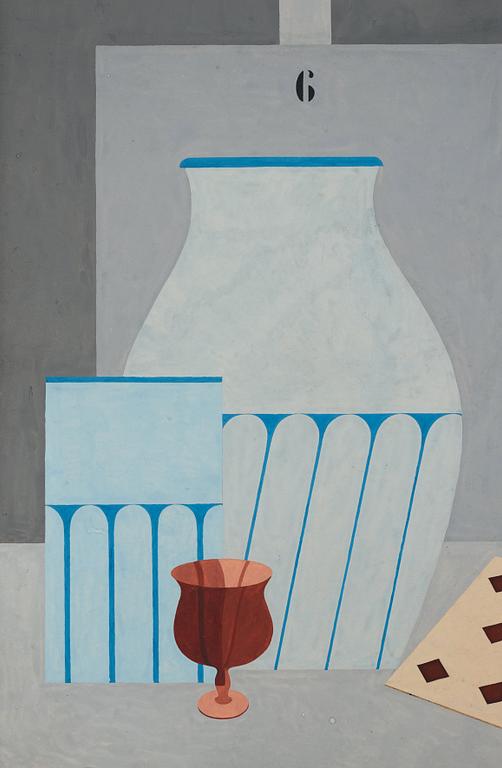 Otto G Carlsund, Still life with glass, vases and playing cards.